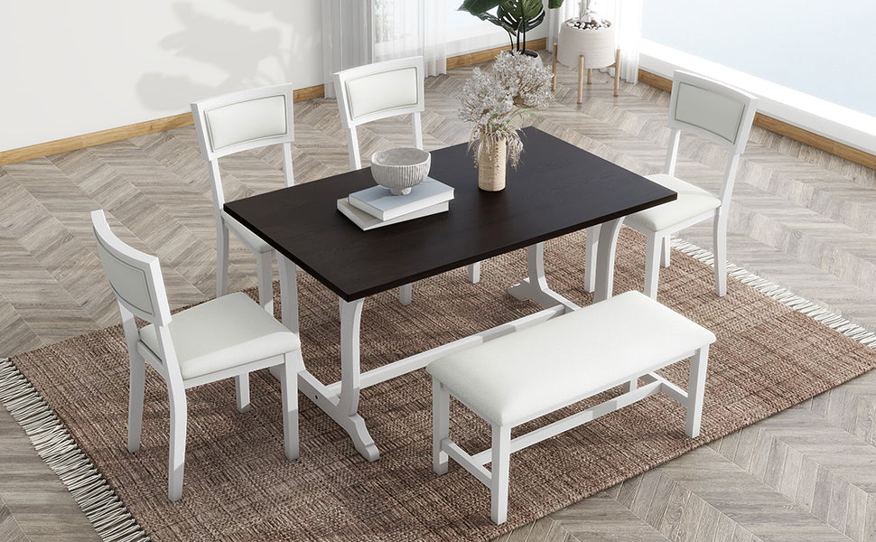 TOPMAX Farmhouse 6-Piece Trestle Dining Table Set with Upholstered Dining Chairs and Bench 59inch, White