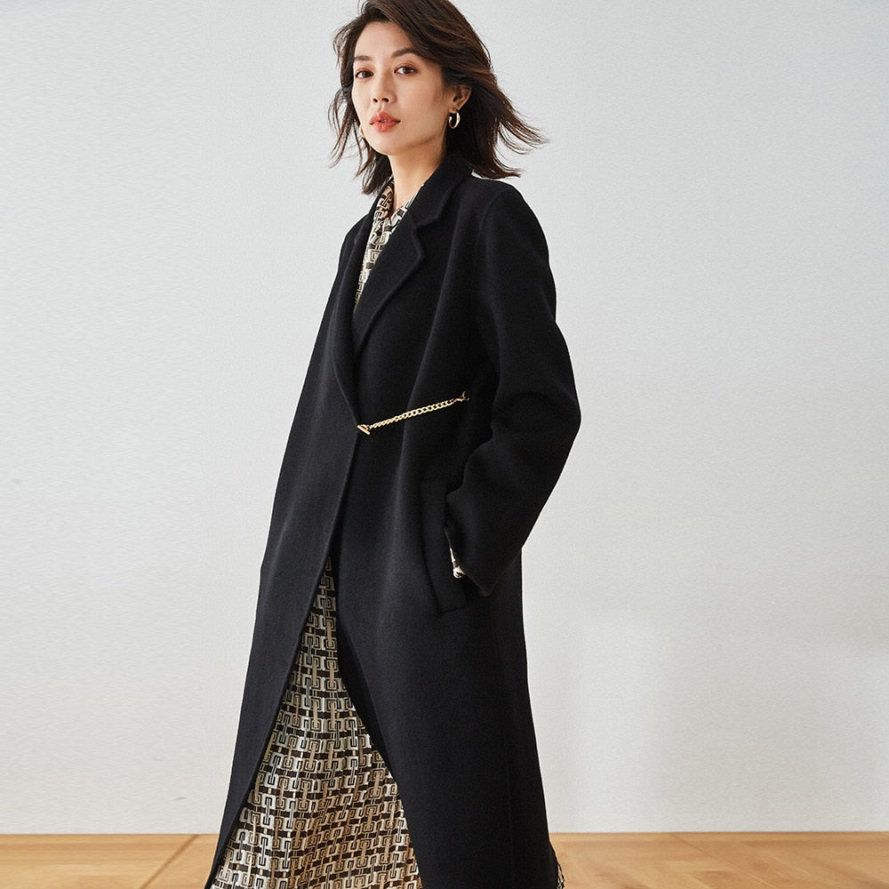 Manteau en laine réversible long avec ceinture simple et revers droit pour l'automne et l'hiver