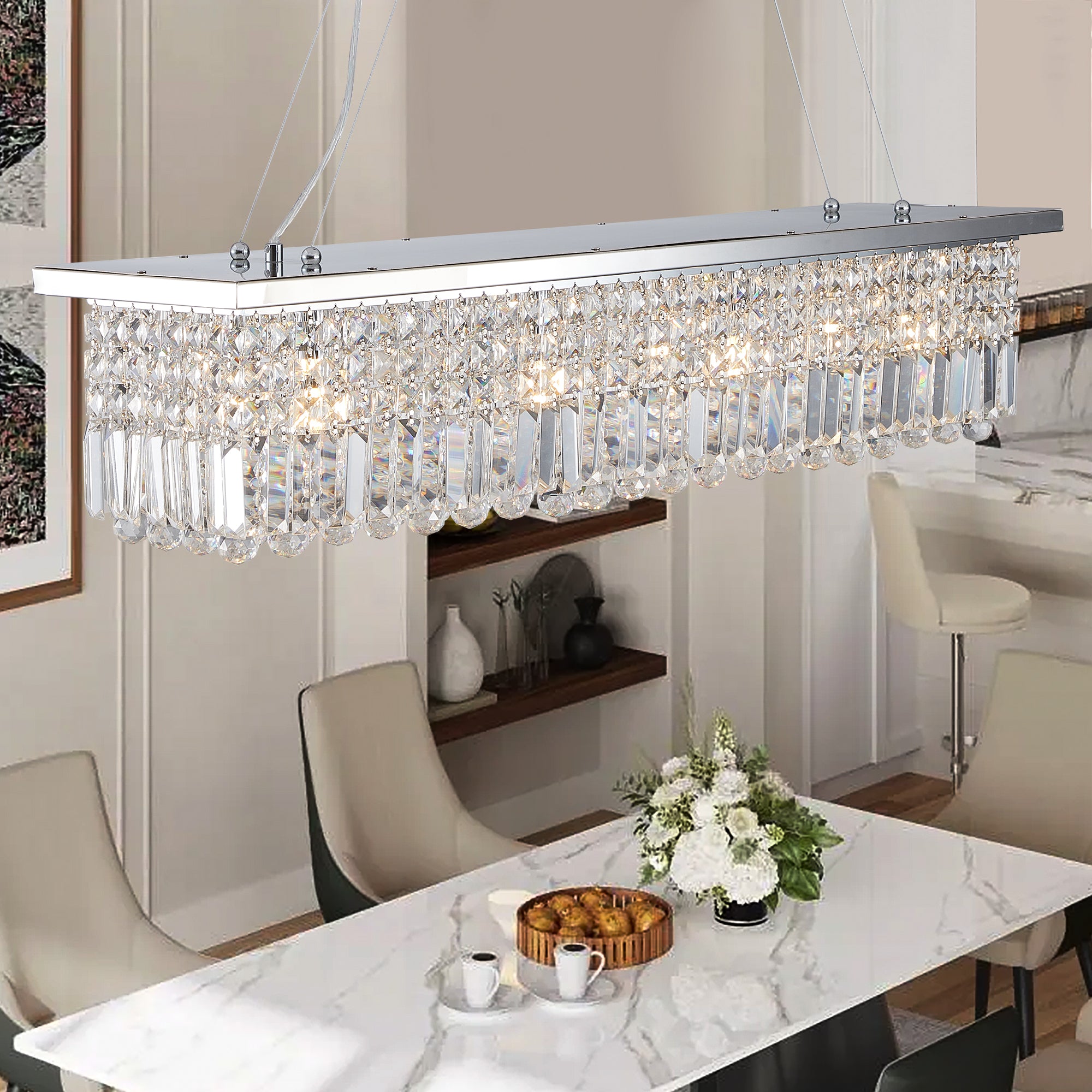 Lustre moderne en cristal pour salle à manger, 8 lumières, forme rectangulaire, blanc, forme goutte d'eau (L 99,4 x l 24,9 x H 22,1 cm) (ampoule non incluse)