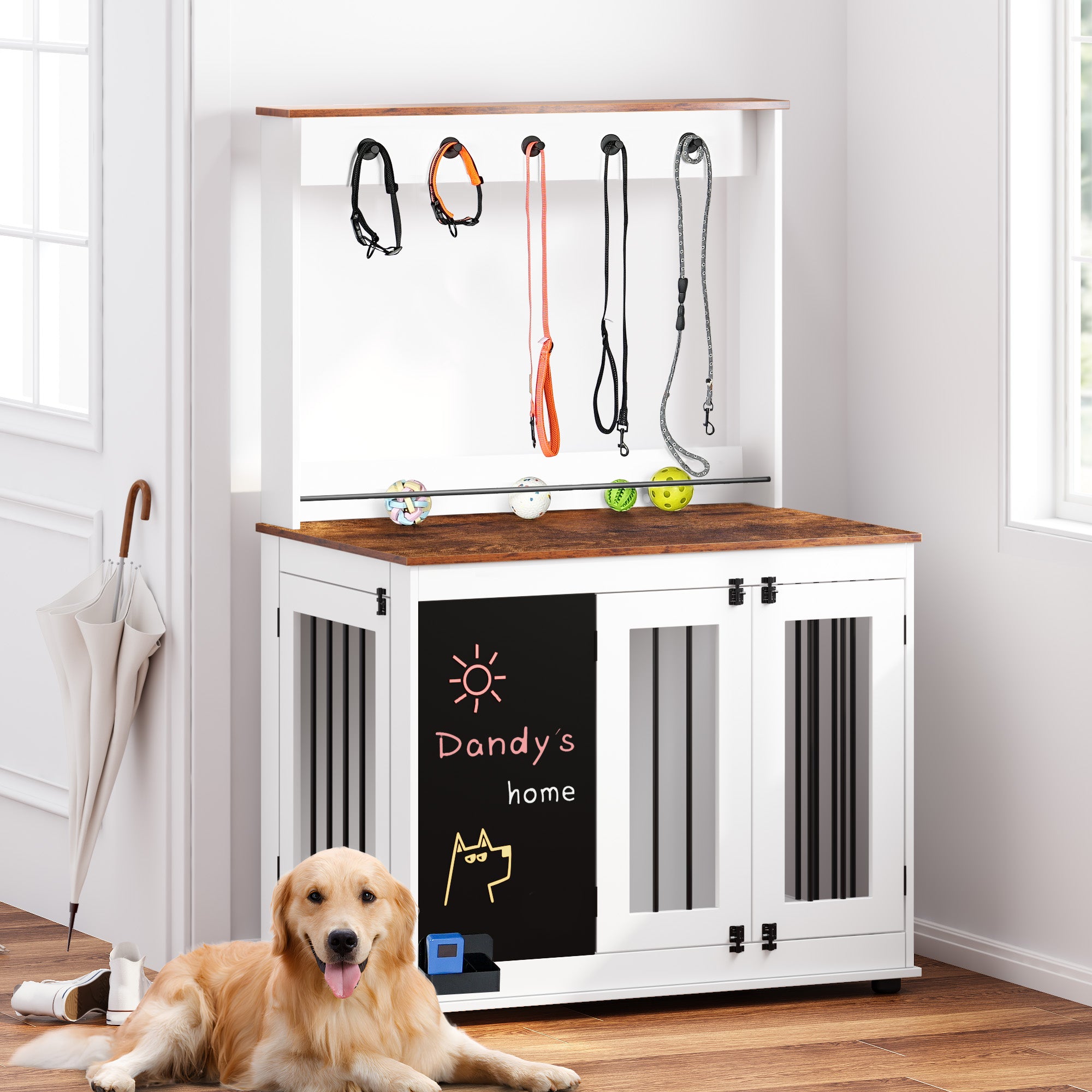 Cage pour chien, cage pour chien Graffiti, chenil avec doubles portes, mobilier d'intérieur de cage, cage pour chien en bois lourd, grand chien, blanc