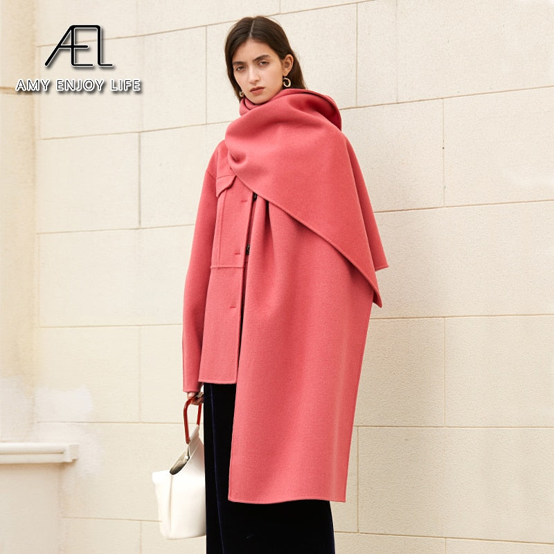 Manteau 100 % laine avec ceinture, veste printemps-automne pour femme, couleur unie avec écharpe, chaud, mode streetwear