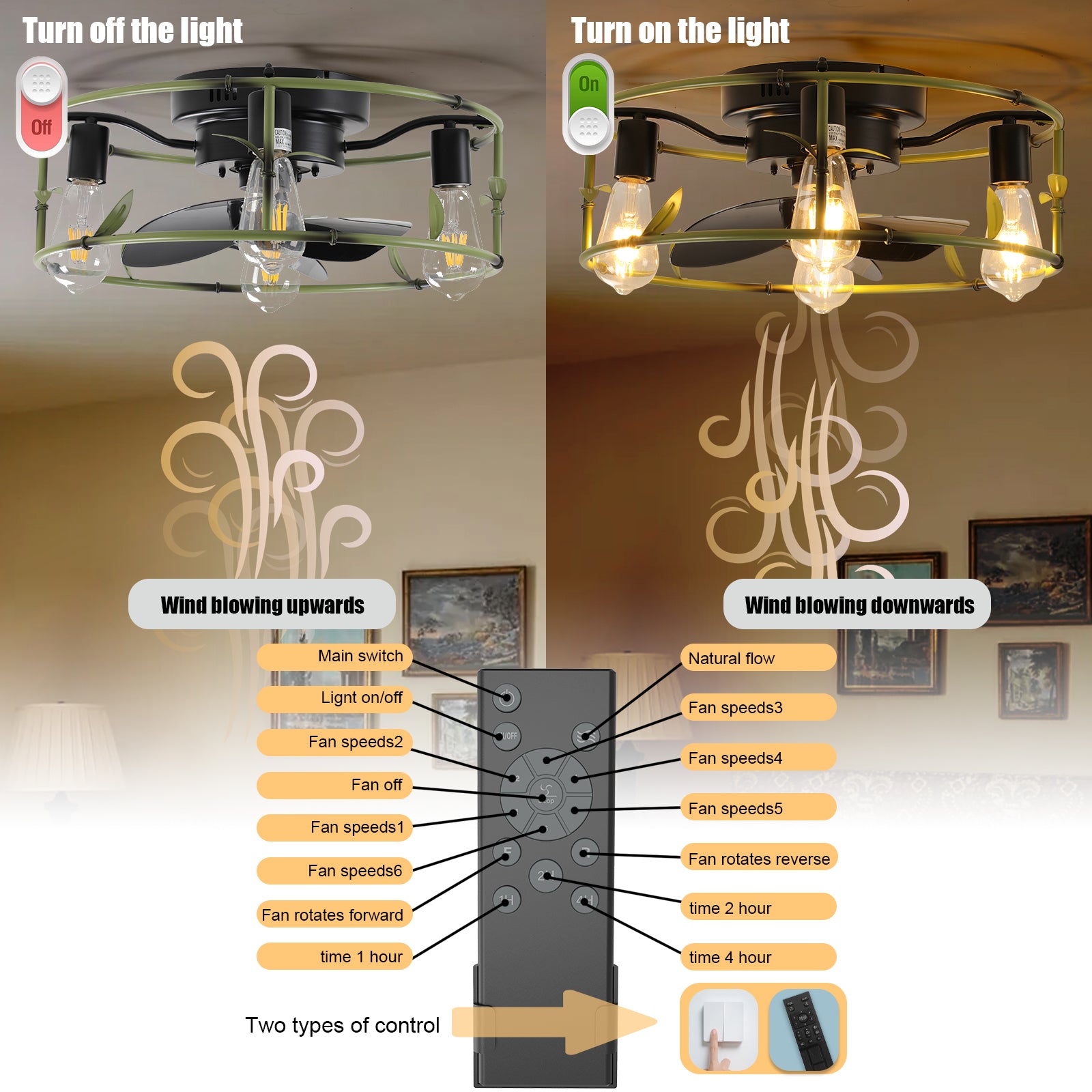 Ventilateurs de plafond encastrés avec lumières et télécommande Ventilateur de plafond à profil bas en cage vert Ventilateur de plafond en métal moderne pour