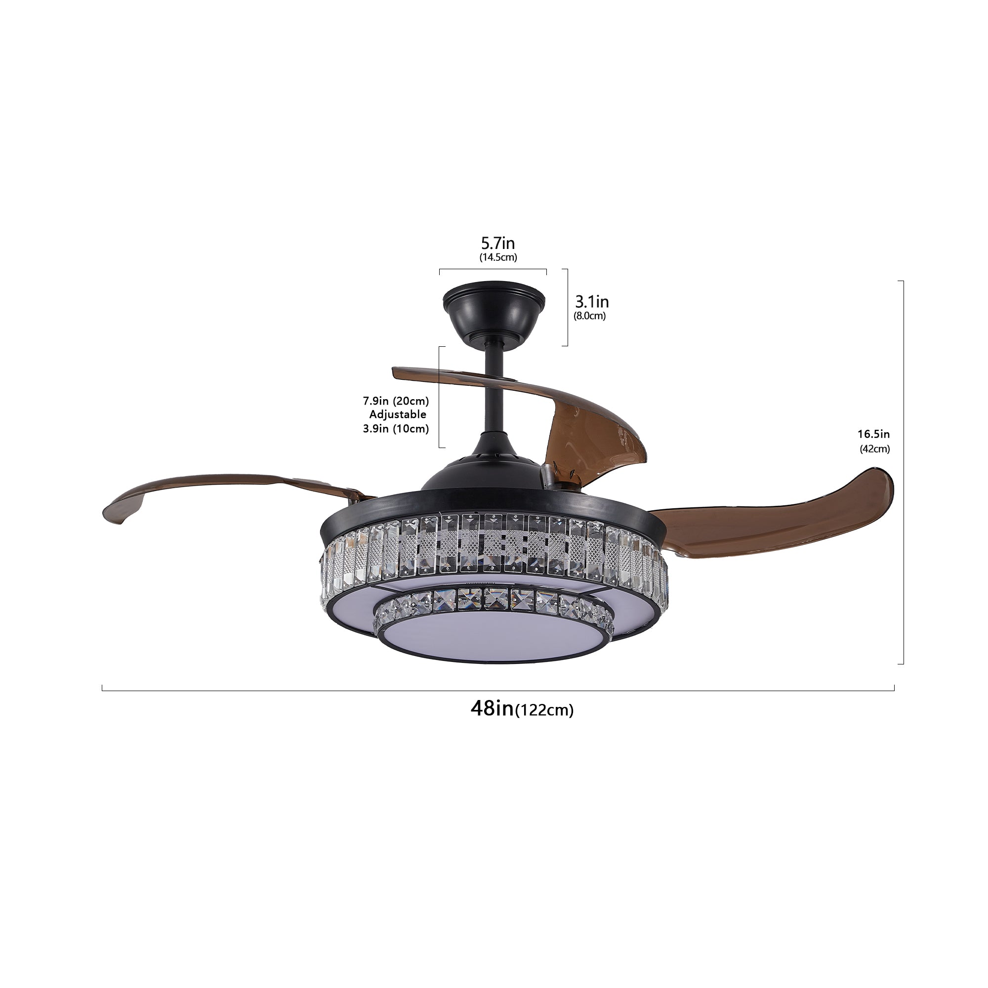 Ventilateur de plafond rétractable LED moderne avec éclairage et télécommande, moteur réversible silencieux, ventilateur de plafond moderne à 4 pales