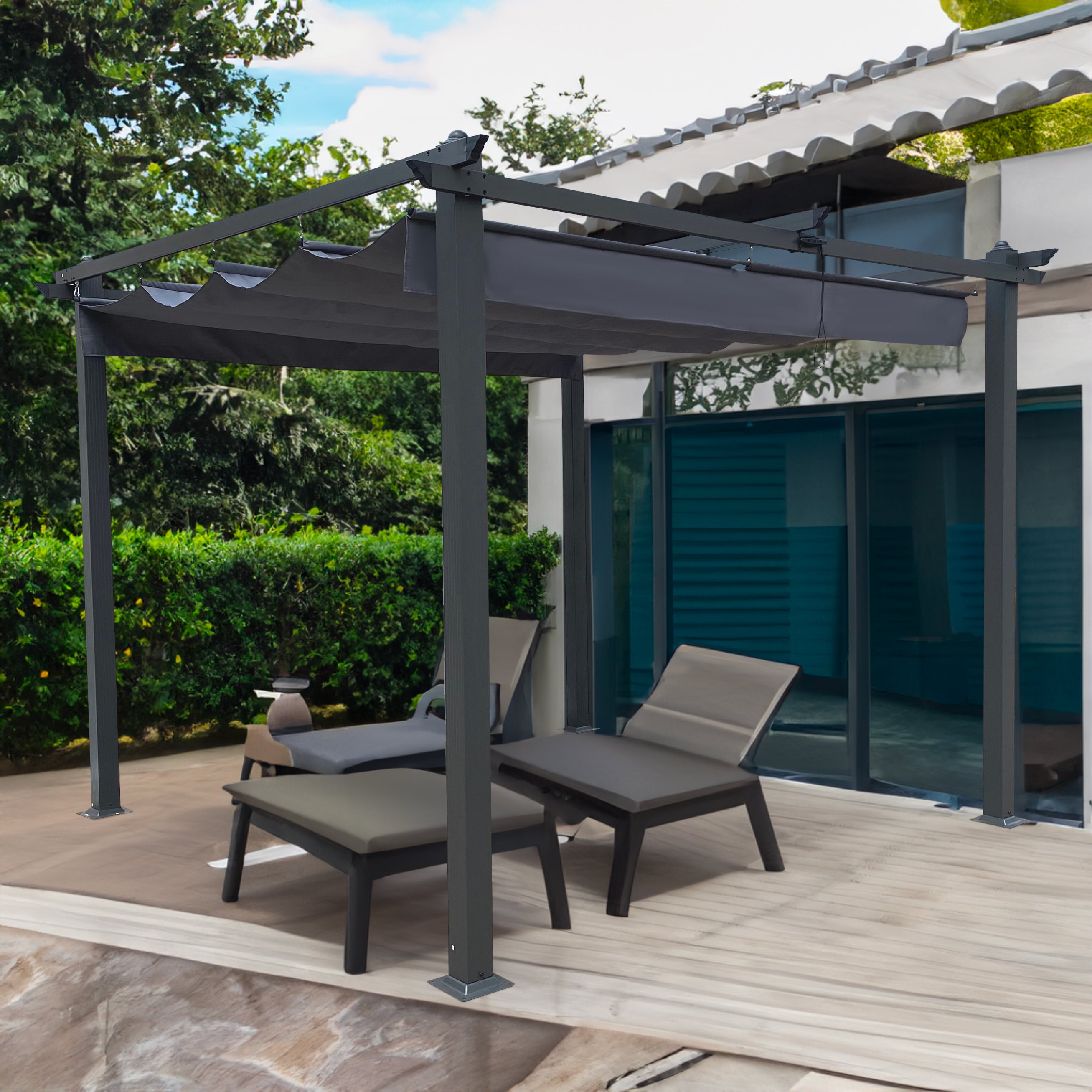Pergola rétractable d'extérieur de 10 x 10 pieds avec auvent et abri solaire pour jardins, terrasses et arrière-cour, grise