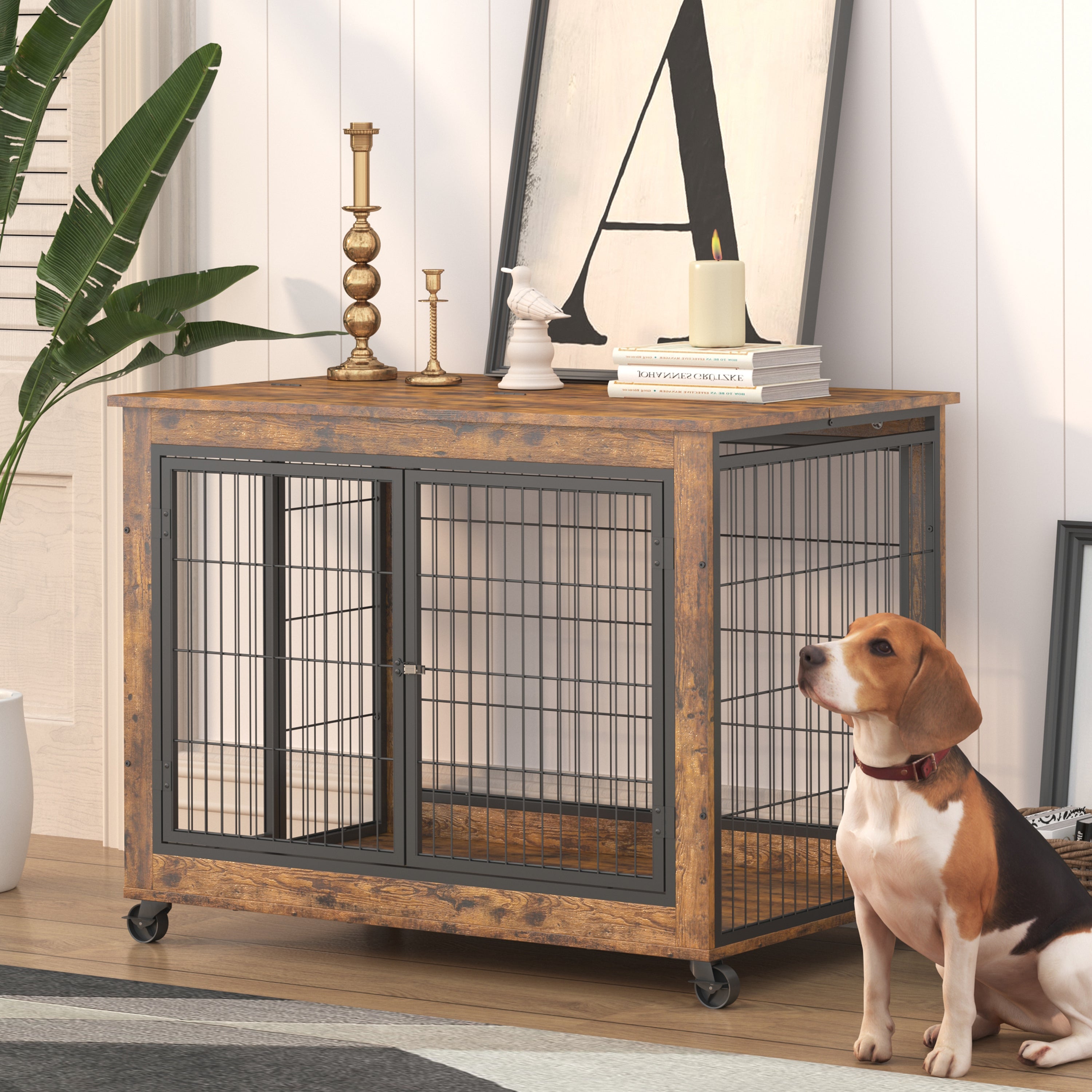 Cage pour chien avec portes doubles, brun rustique, 98 cm de largeur x 64 cm de profondeur x 69 cm de hauteur