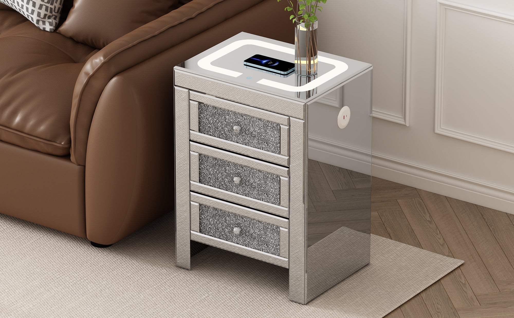 Table basse rectangulaire argentée miroir U-Can 15,7" W avec fonction de chargement sans fil et USB, lumières LED, poignée de style cristal