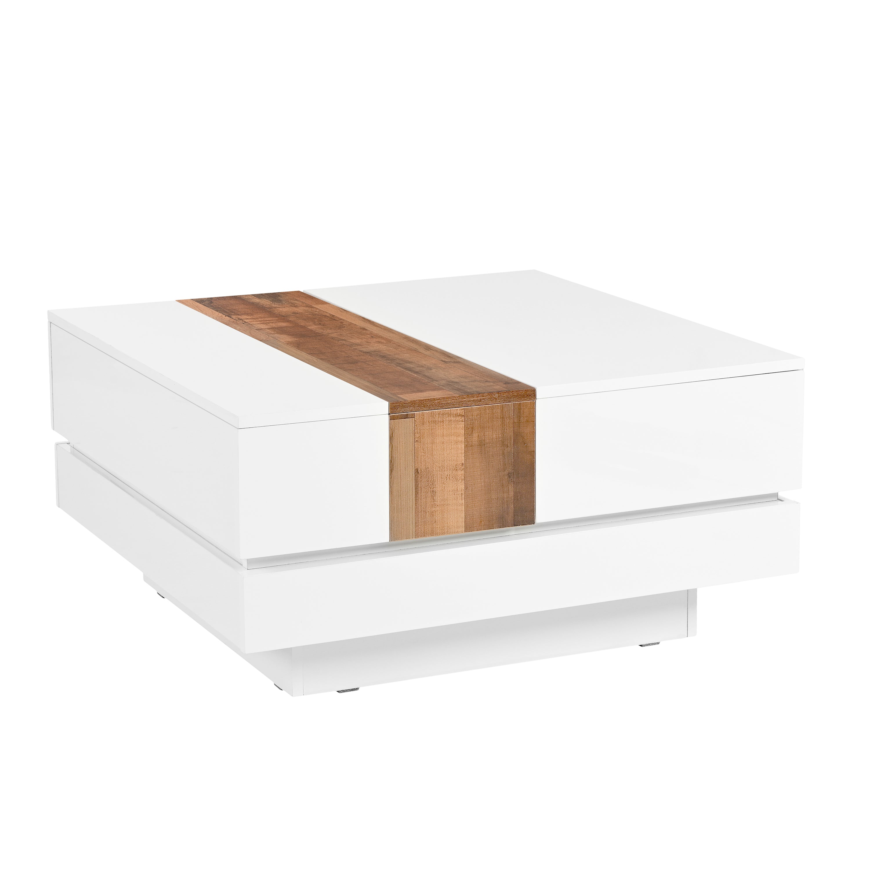 ON-TRANS 31,4 pouces x 31,4 pouces avec plateau coulissant, table centrale haute brillance, espace de rangement caché blanc