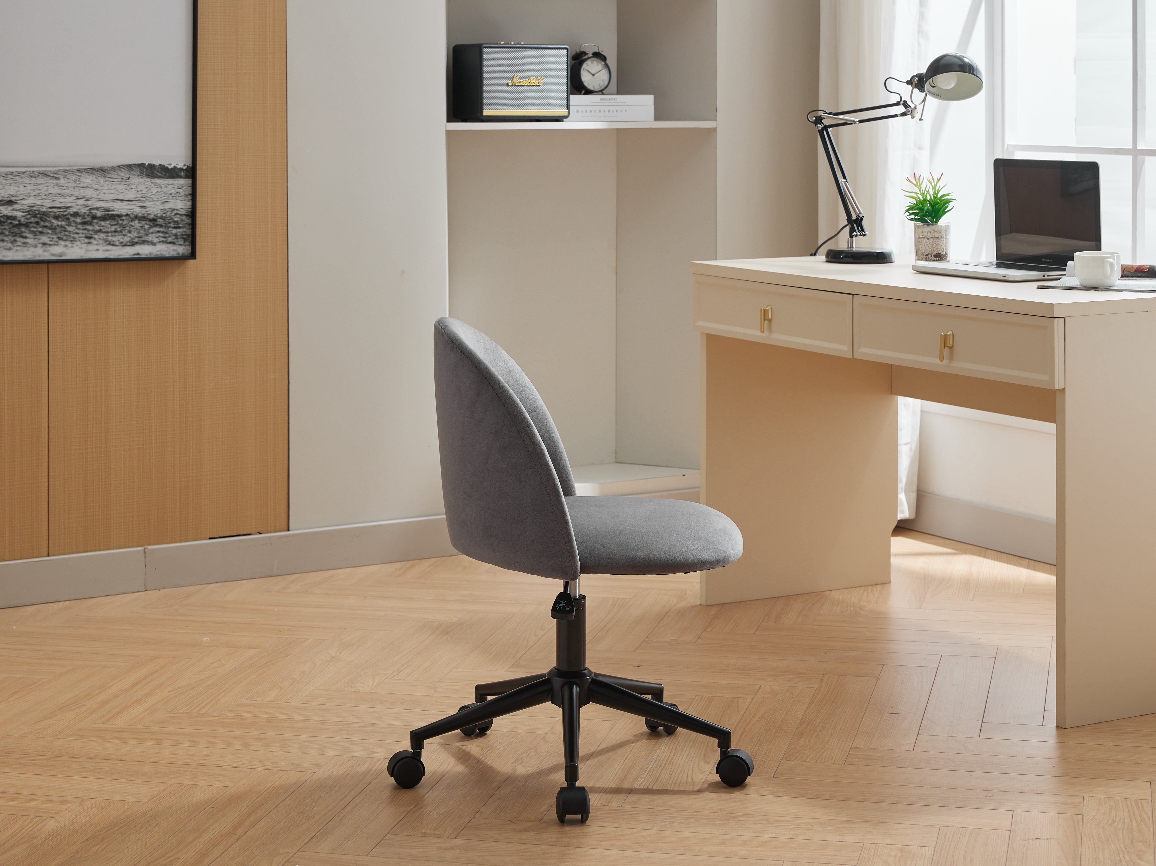 Chaise de bureau en tissu velours, chaise d'ordinateur pivotante réglable à dossier moyen, pieds noirs, chaise de bureau rembourrée avec roulettes