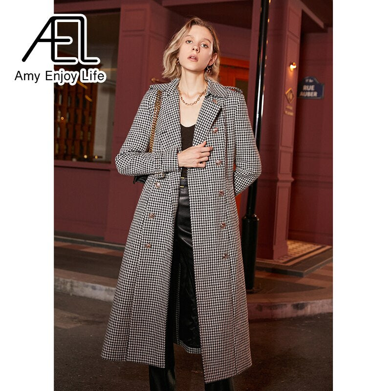 Manteau long d'hiver en laine pour femme, style trench-coat rétro pied-de-poule