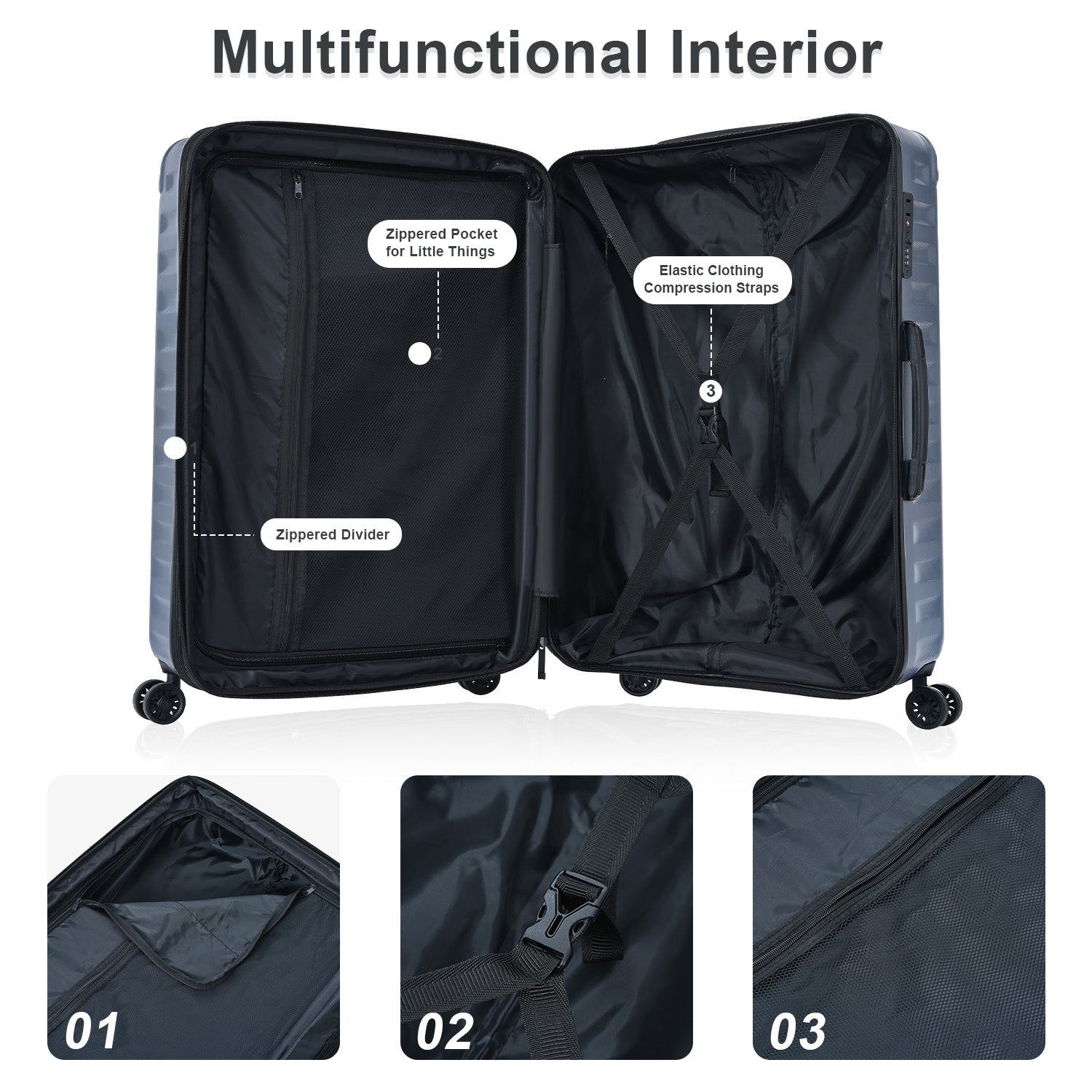 Ensemble de bagages extensibles, nouveau modèle, ABS et PC, 3 pièces, avec roulettes pivotantes, serrure TSA légère (20/24/28), gris acier