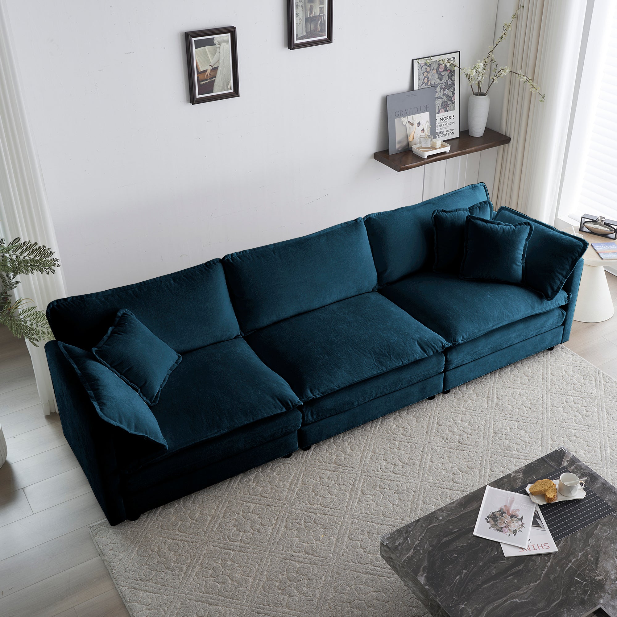 Canapé 3 places moderne du milieu du siècle avec 2 coussins d'accoudoir et 3 coussins décoratifs, canapé pour salon en chenille bleue