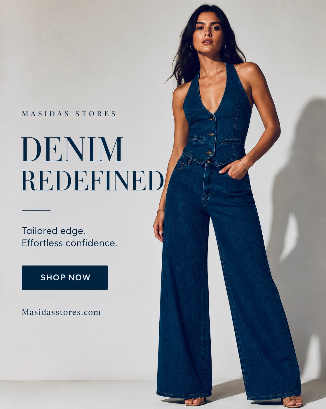 Halter Neck Denim Vest and Wide-Leg Jeans Set