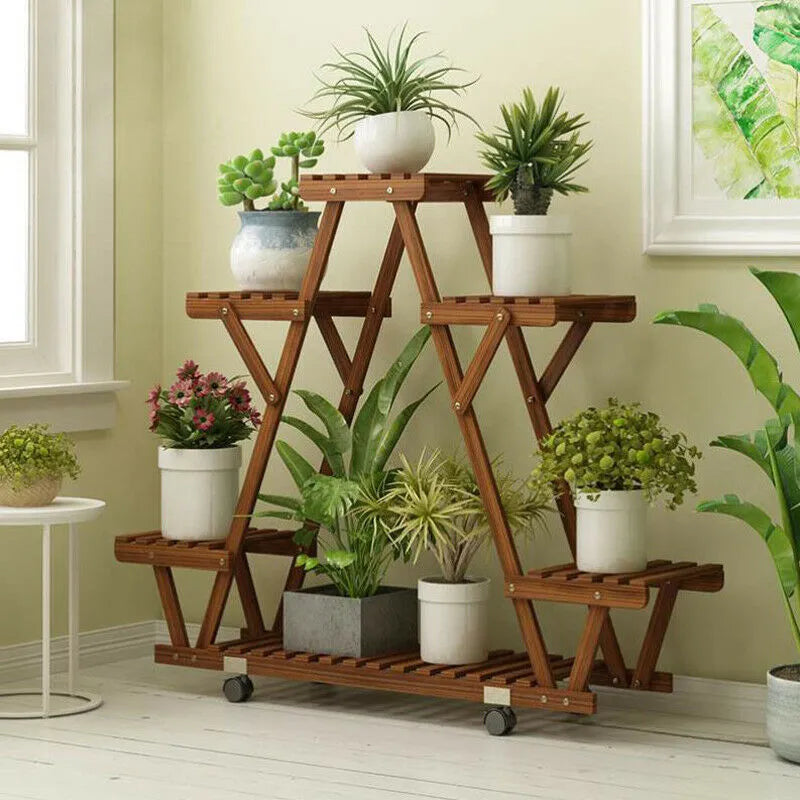 Étagère triangulaire pour plantes, support pour 6 pots de fleurs en bois carbonisé, présentoir de rangement avec roulettes pour jardin