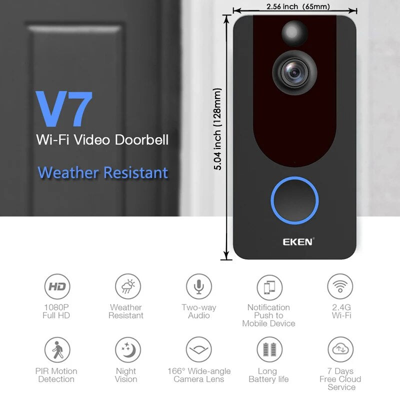 EKEN V7 HD 1080P Smart WiFi Vidéo Sonnette Caméra Interphone Visuel Vision Nocturne IP Sonnette Caméra de Sécurité Sans Fil