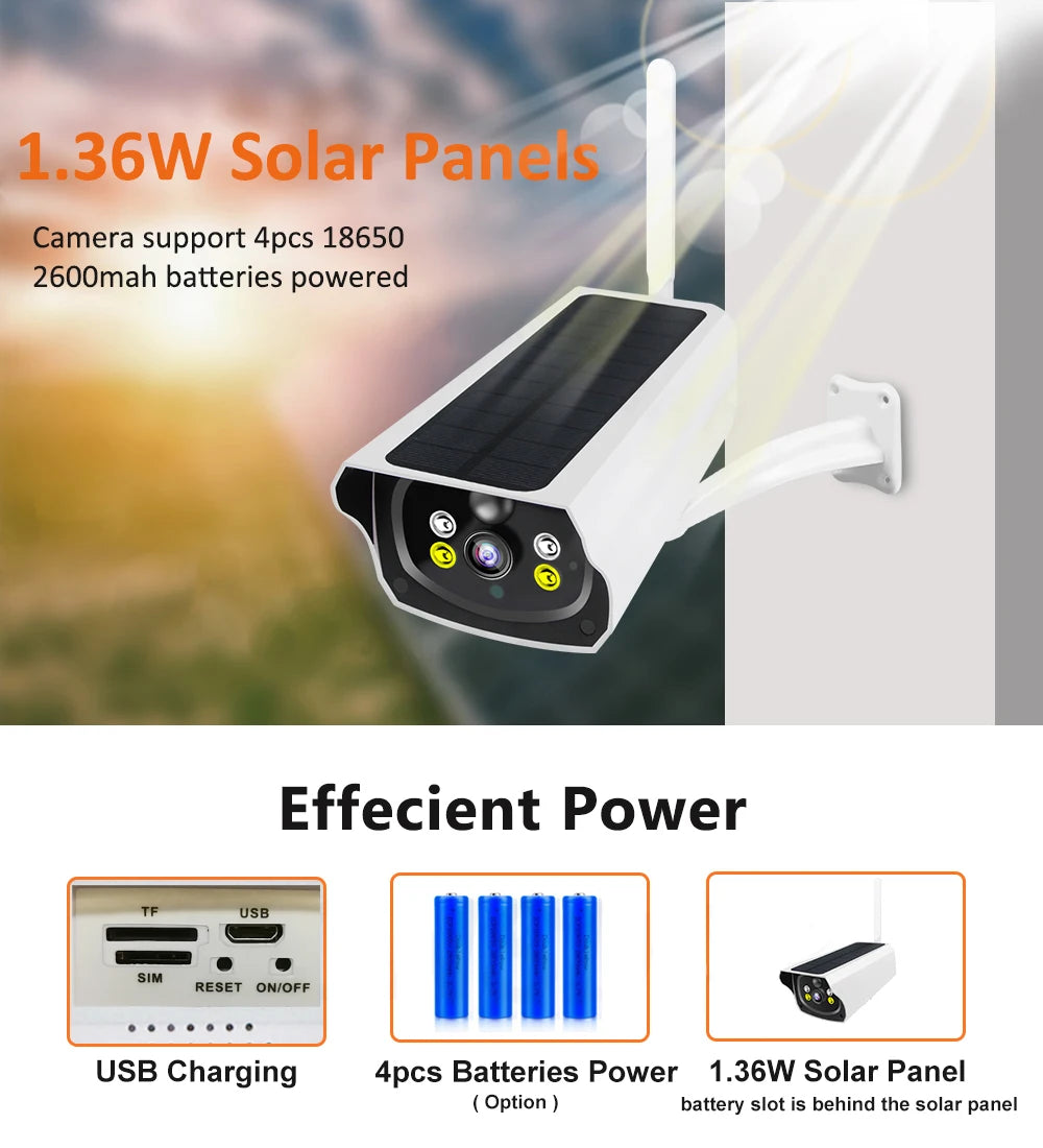 Caméra solaire HONTUSEC 1080P WiFi IP 4G LTE, carte SIM, batterie sans fil, alarme PIR extérieure, énergie solaire 4G