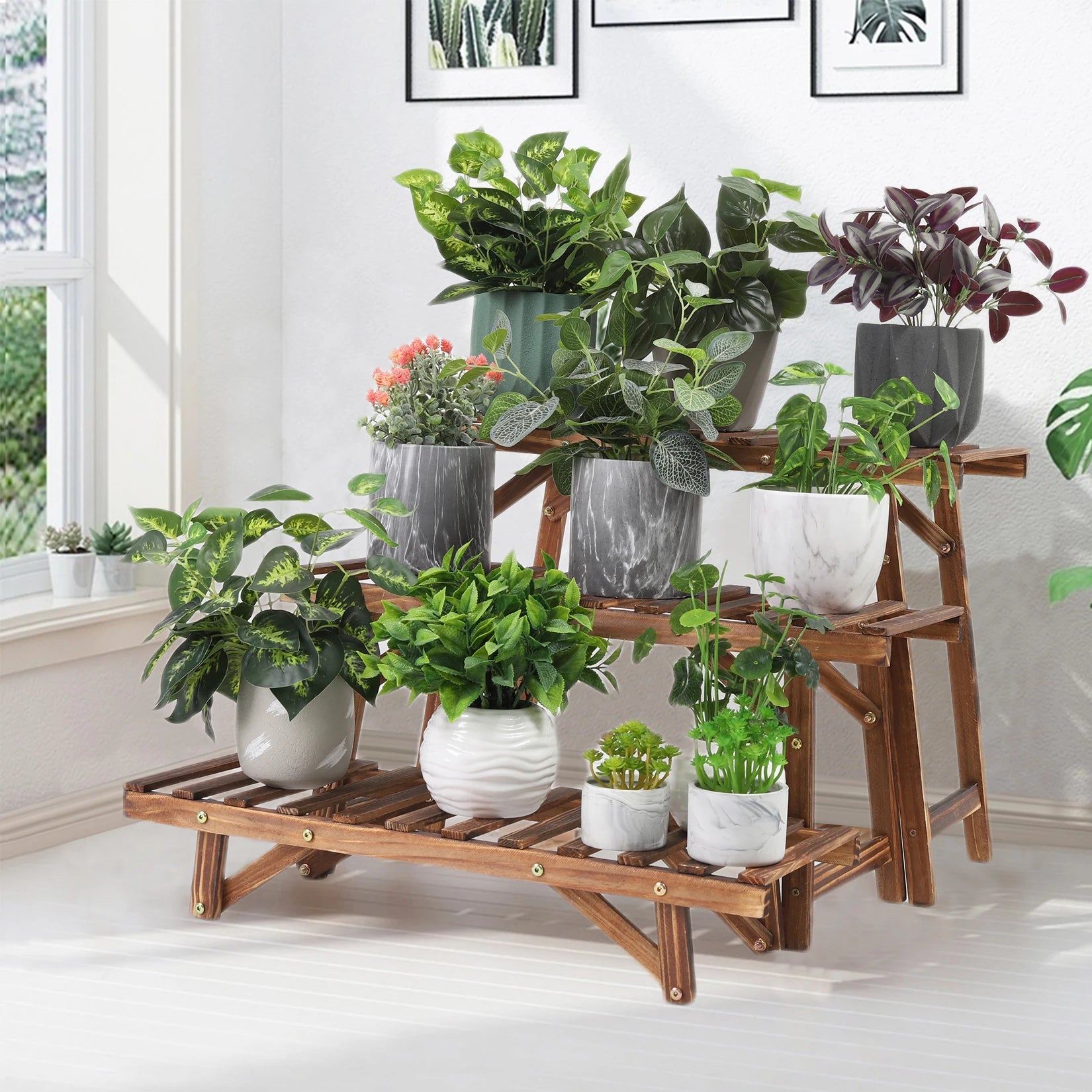 Étagère échelle autoportante à 3 niveaux en bois pour plantes d'intérieur et d'extérieur, présentoir pour pots de fleurs, organiseur de jardinières