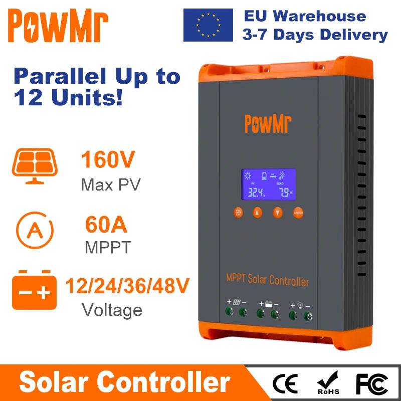 PowMr MPPT 60A Solar Charge Controller Solar Panels Regulator 12V 24V 36V 48V Parallel Up 12 Units For Lead Acid Lithium Battery