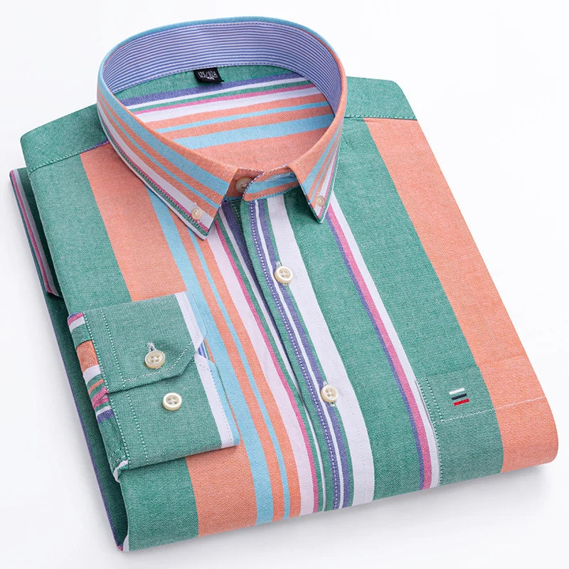 Men's Casual 100% Cotton Oxford Striped Pocket Long Sleeve Soft Buttoned Plaid Formal Male Clothes Oversized Shirt Plus Size