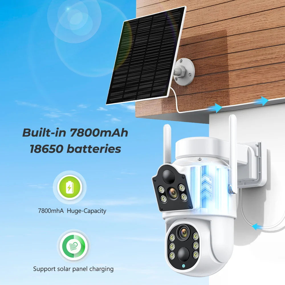 Caméra solaire 8MP 4K PIR, autonomie de 360 jours, double objectif, Wi-Fi, HD 4MP, PTZ IP, batterie 7800 mAh, caméra de sécurité CCTV
