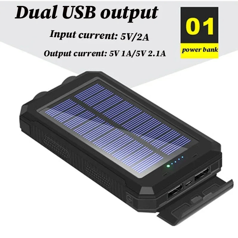 Batterie externe d'extérieur grande capacité 200 Ah, charge rapide, 2 ports USB, solaire, lampe torche, pour iPhone, Xiaomi, Huawei