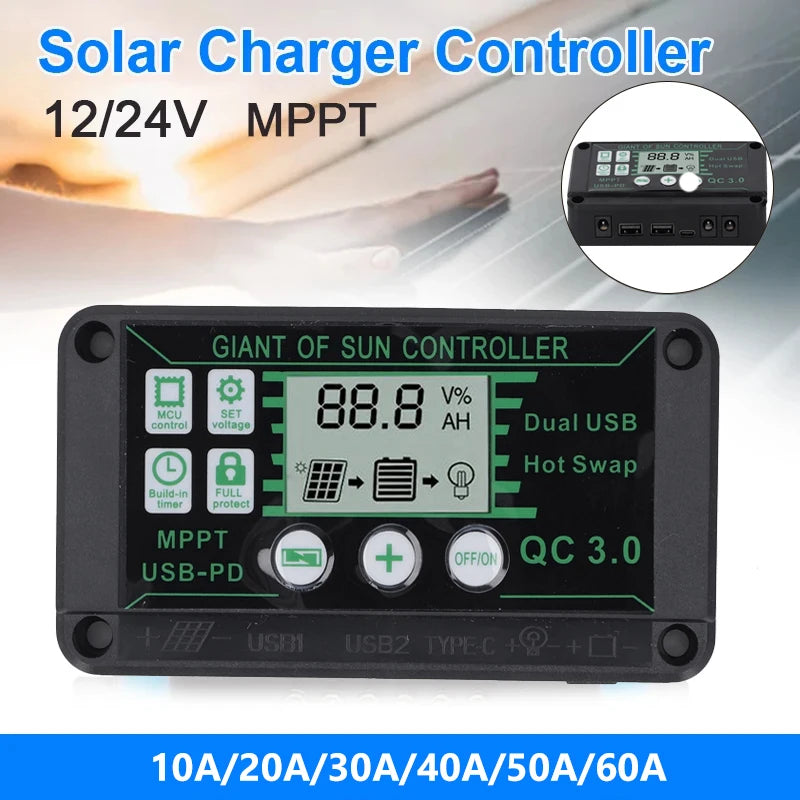 Waterproof 10A-60A Solar Charge Controller MPPT 12V/24V Charge Controller Dual USB Auto Solar Cell Panel Charger Regulator