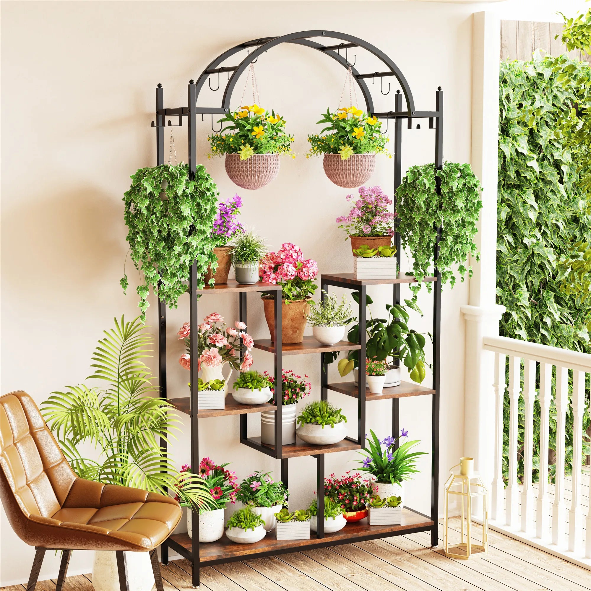 Support pour plantes d'intérieur à 5 niveaux, étagère à fleurs en métal arquée de 190 cm avec crochets de suspension, grand présentoir pour pots de bonsaï pour jardin