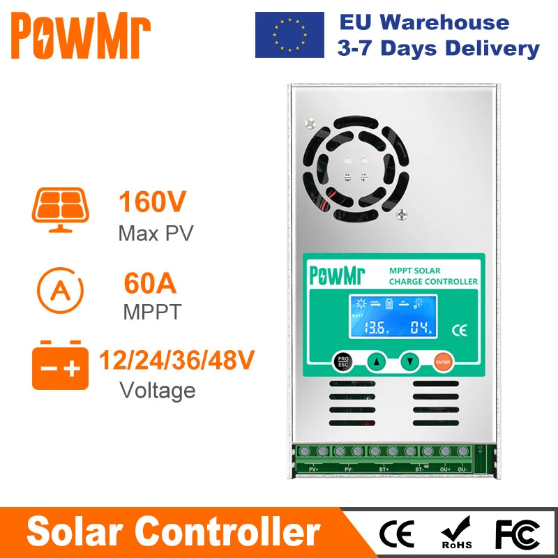 PowMr MPPT 60A Solar Charge Controller Solar Panel Regulator 12V 24V 36V 48V Auto Max PV 190VDC For Lead Acid Lithium Battery