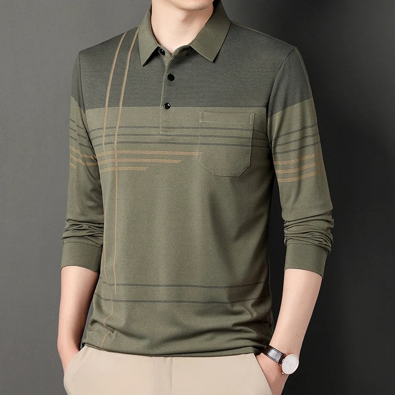 New Men Long Sleeve Lapel Shirts Button Business Polo Shirt Casual Anti-wrinkle Tops with Pockets
