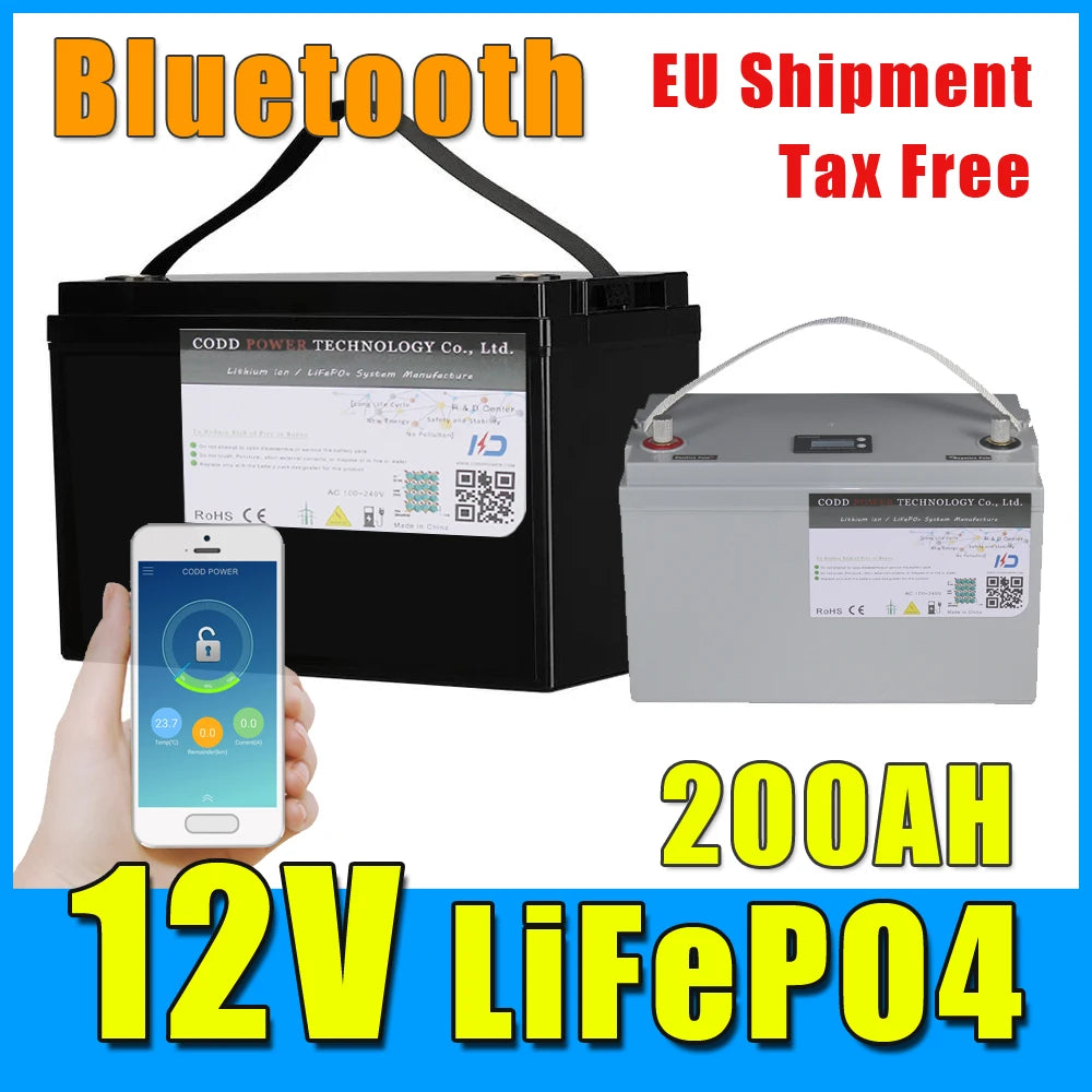 12V 12.8V 200AH LiFePO4 Battery With Bluetooth 100A BMS 14.6V 10A Charger lifepo4 battery 12v