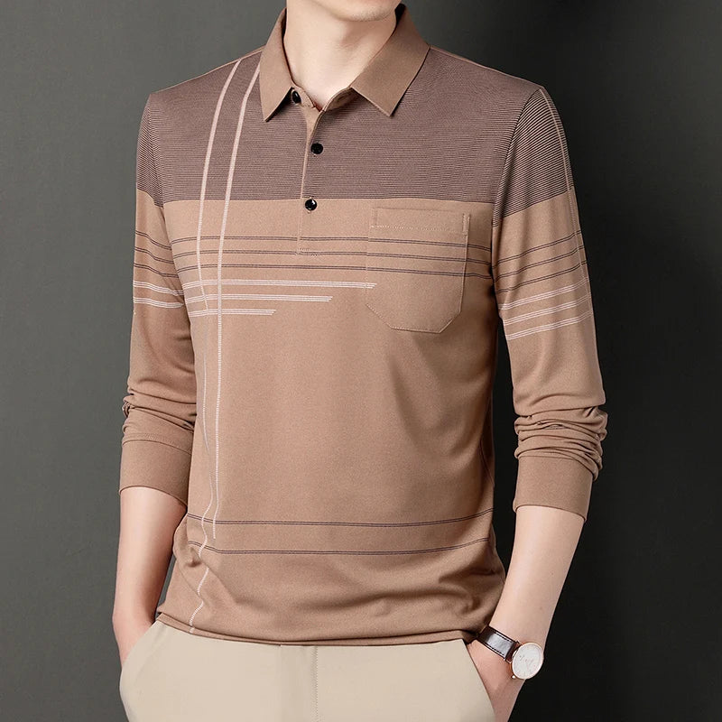 New Men Long Sleeve Lapel Shirts Button Business Polo Shirt Casual Anti-wrinkle Tops with Pockets