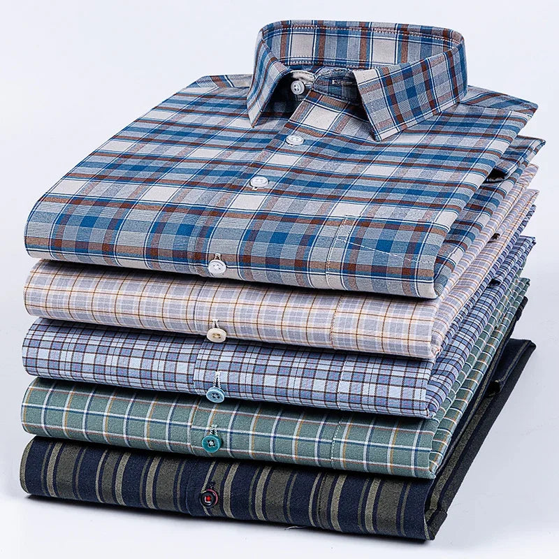Quality 100%Pure Cotton Men Long Sleeve Social Shirt for Oxford Shirt Men Plaid Striped Work Casual Shirt Male Regular-Fit S-8XL