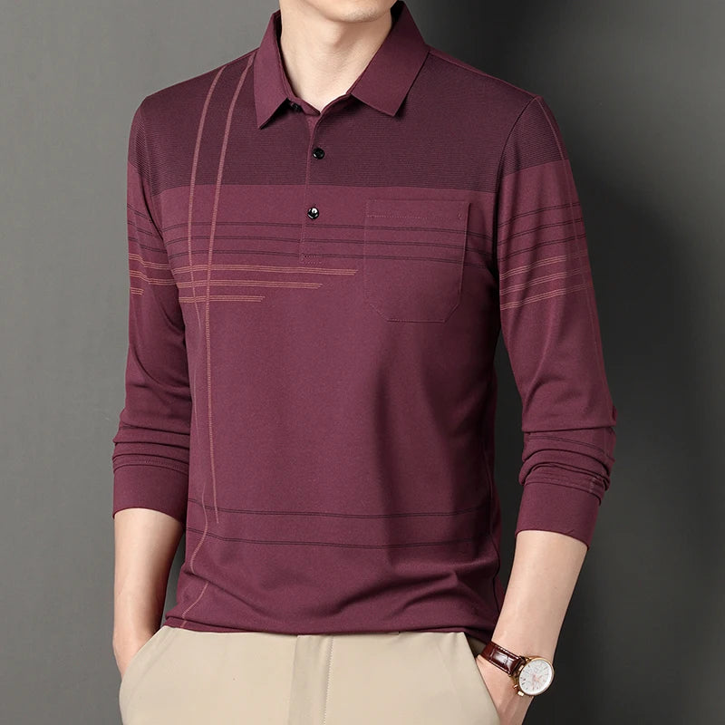 New Men Long Sleeve Lapel Shirts Button Business Polo Shirt Casual Anti-wrinkle Tops with Pockets