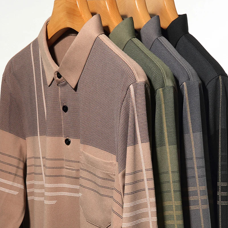 New Men Long Sleeve Lapel Shirts Button Business Polo Shirt Casual Anti-wrinkle Tops with Pockets