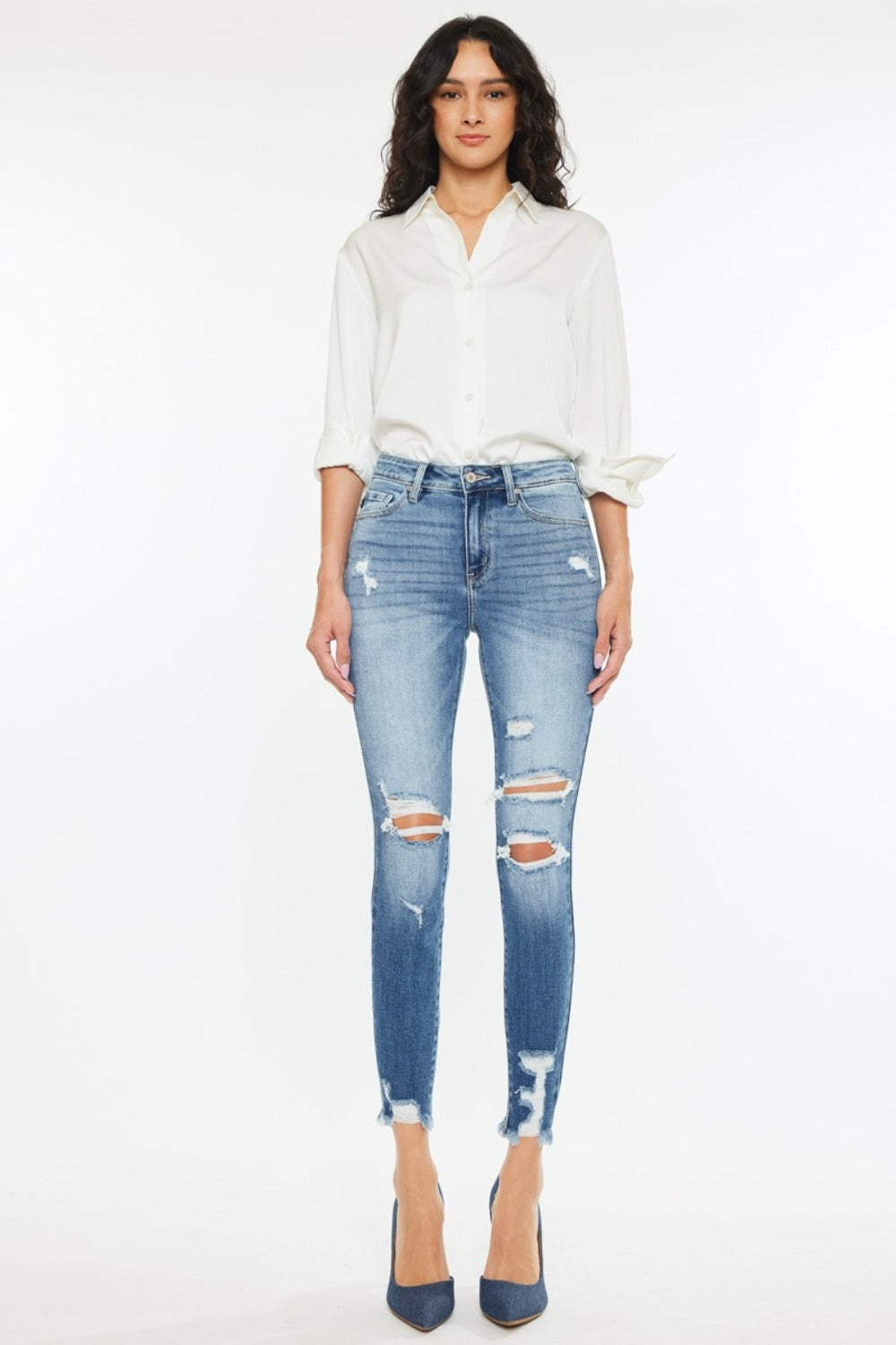 Jean skinny Kancan taille haute effiloché à la cheville