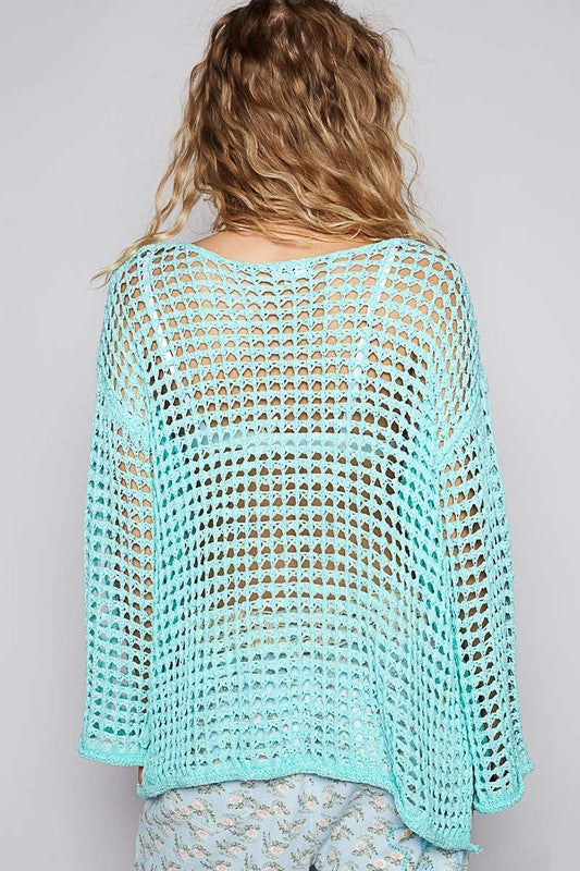 Cache-maillot en tricot ajouré à manches longues et fente latérale POL