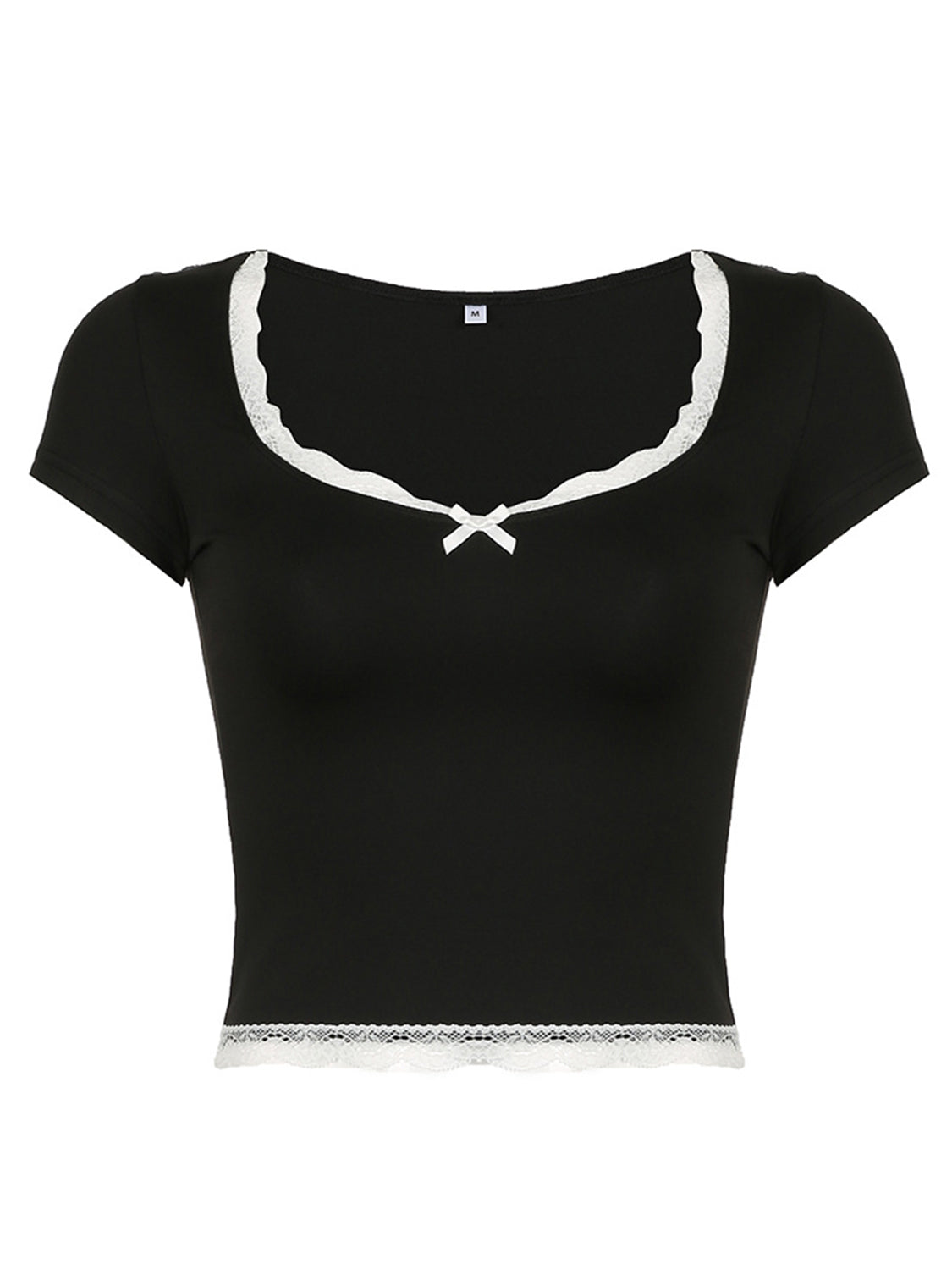 T-shirt à manches courtes et col en cœur avec détails en dentelle