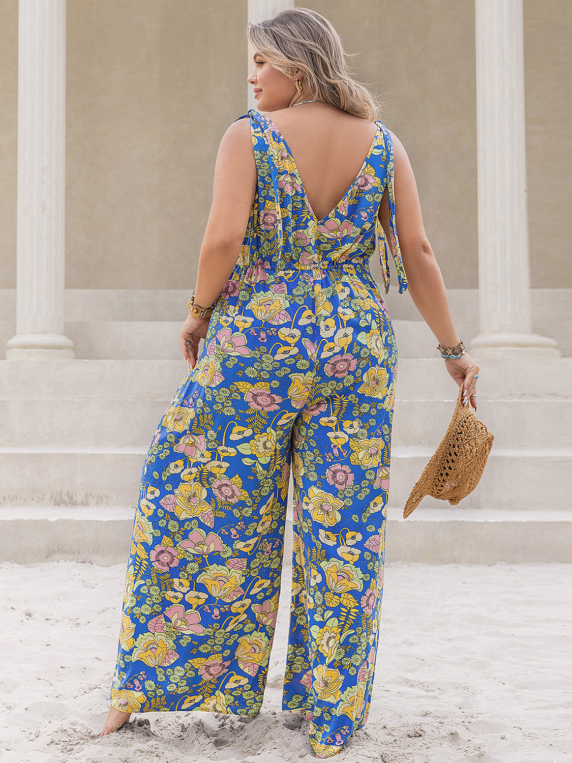 Combinaison imprimée grande taille à col en V et jambes larges