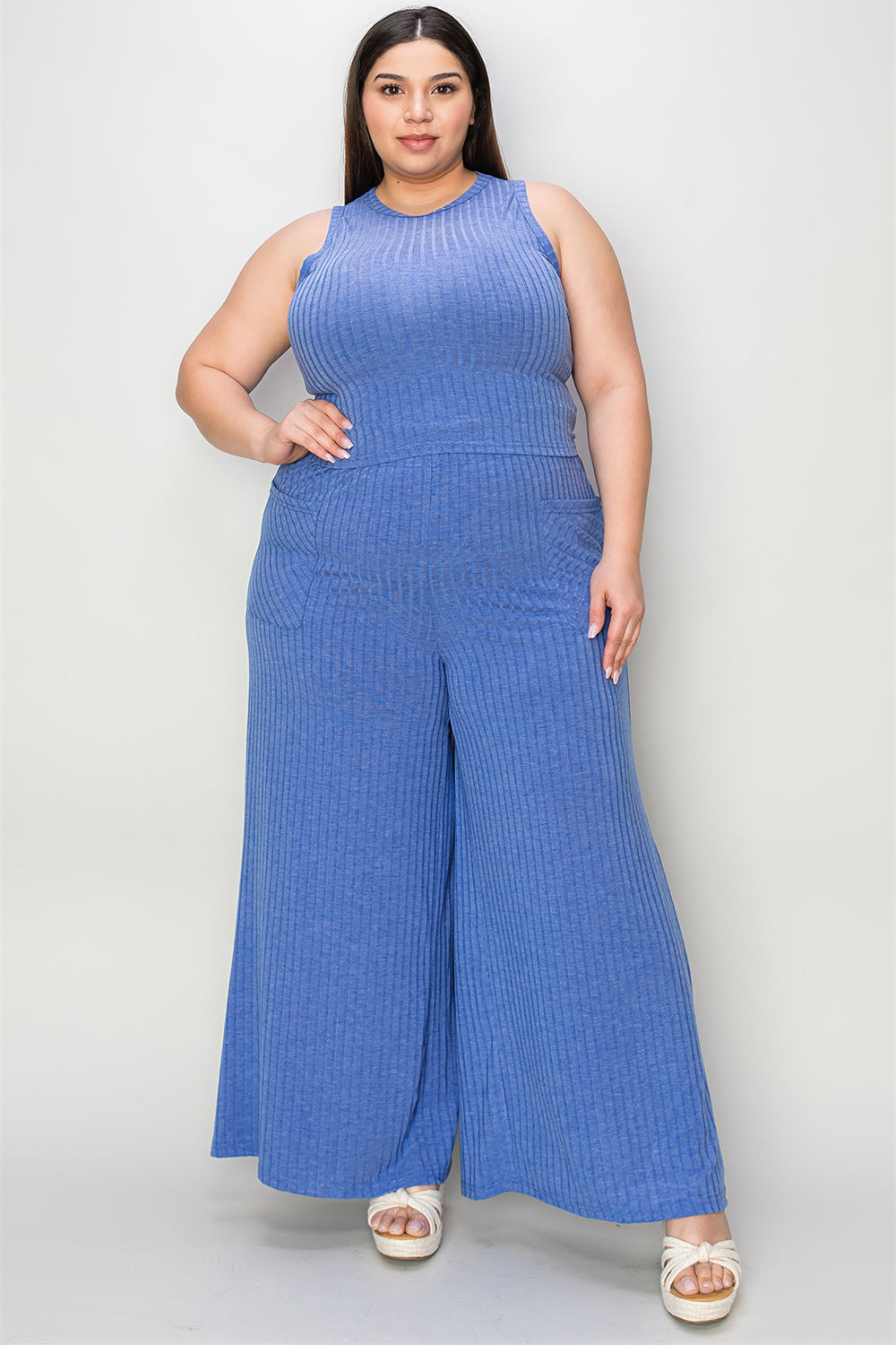 Ensemble débardeur côtelé taille standard et pantalon large Basic Bae