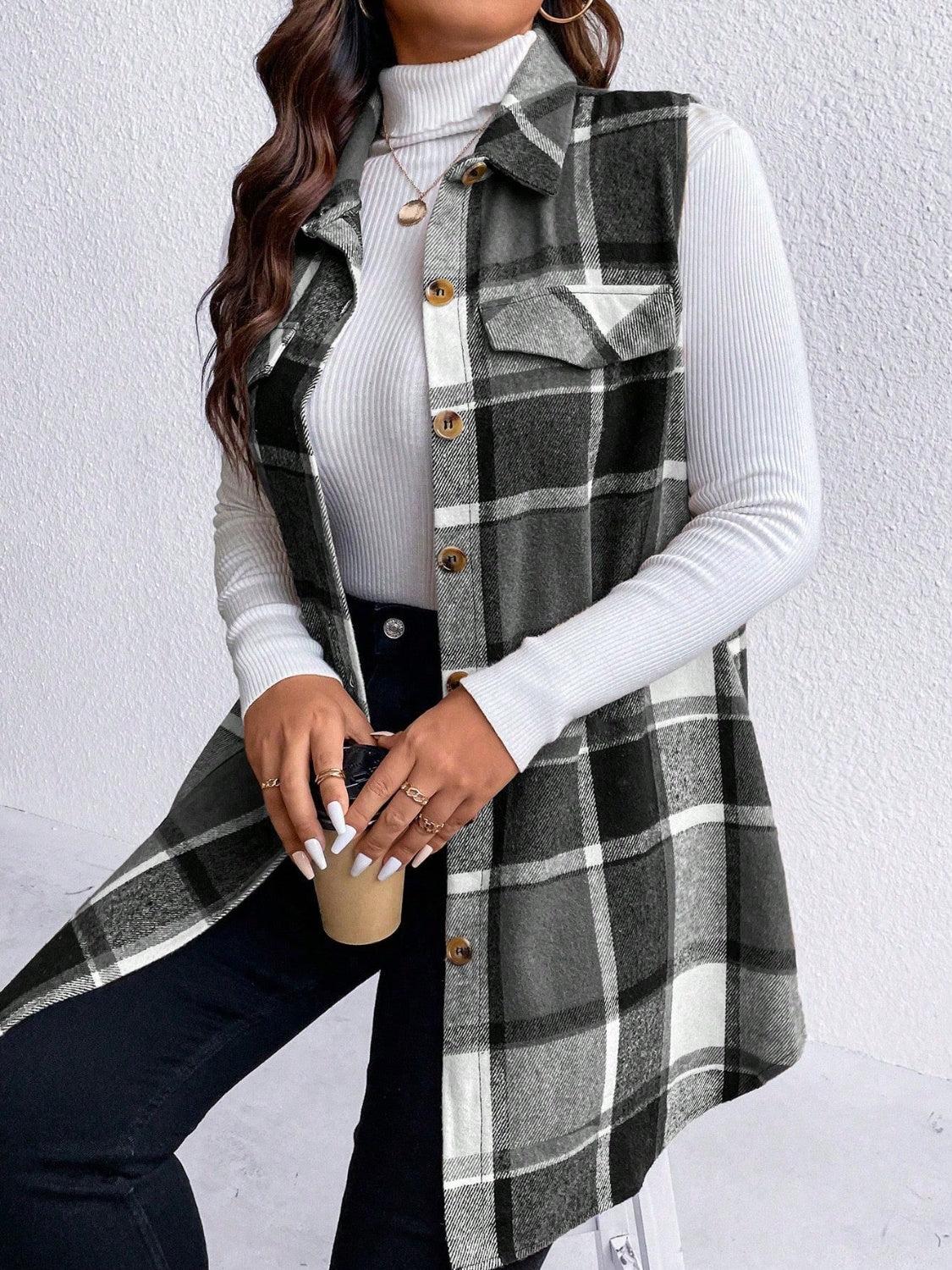 Manteau sans manches boutonné à carreaux et poches Honey grande taille