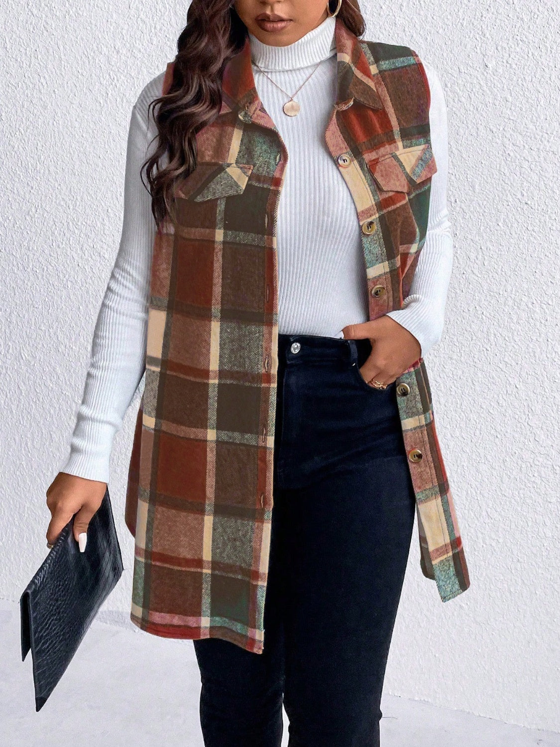 Manteau sans manches boutonné à carreaux et poches Honey grande taille