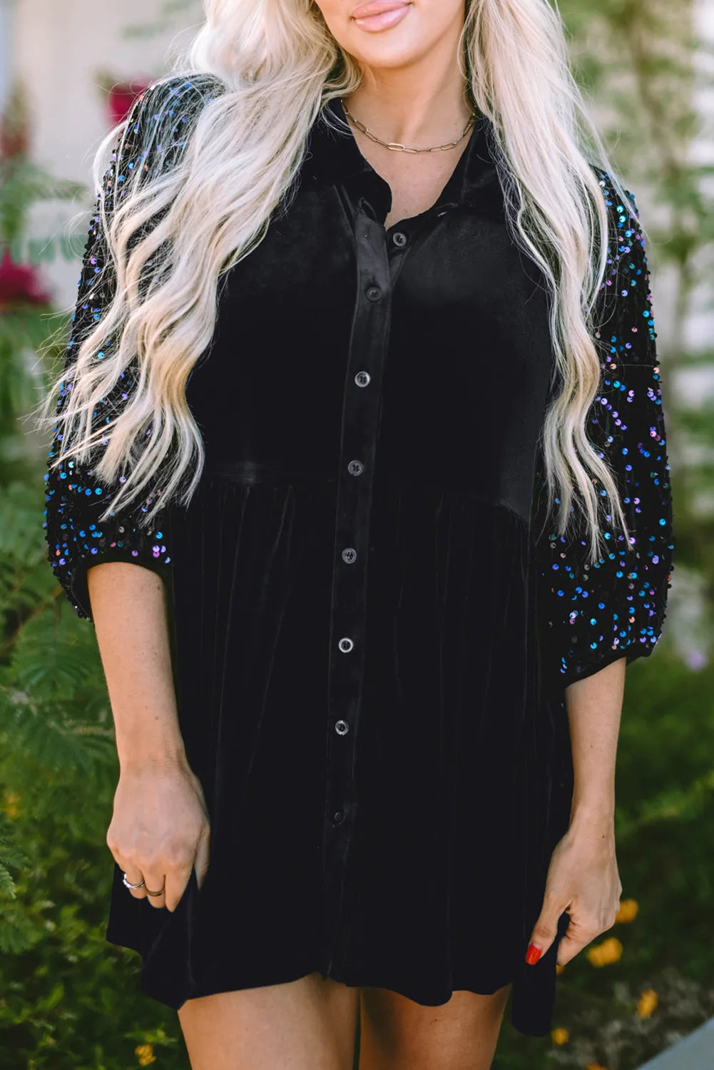 Chemise oversize à col à paillettes et manches trois-quarts