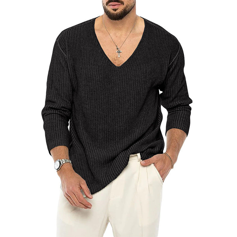Pull col V à manches longues pour homme, couleur unie, style européen et américain, tricoté à la mode