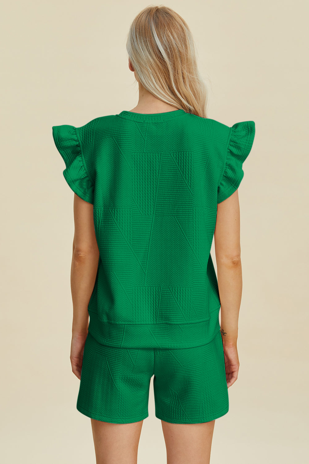 Ensemble haut et short texturés à col rond et manches à volants Double Take