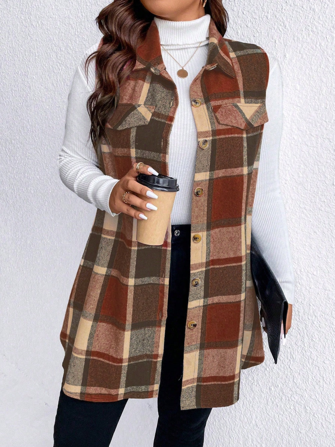 Manteau sans manches boutonné à carreaux et poches Honey grande taille