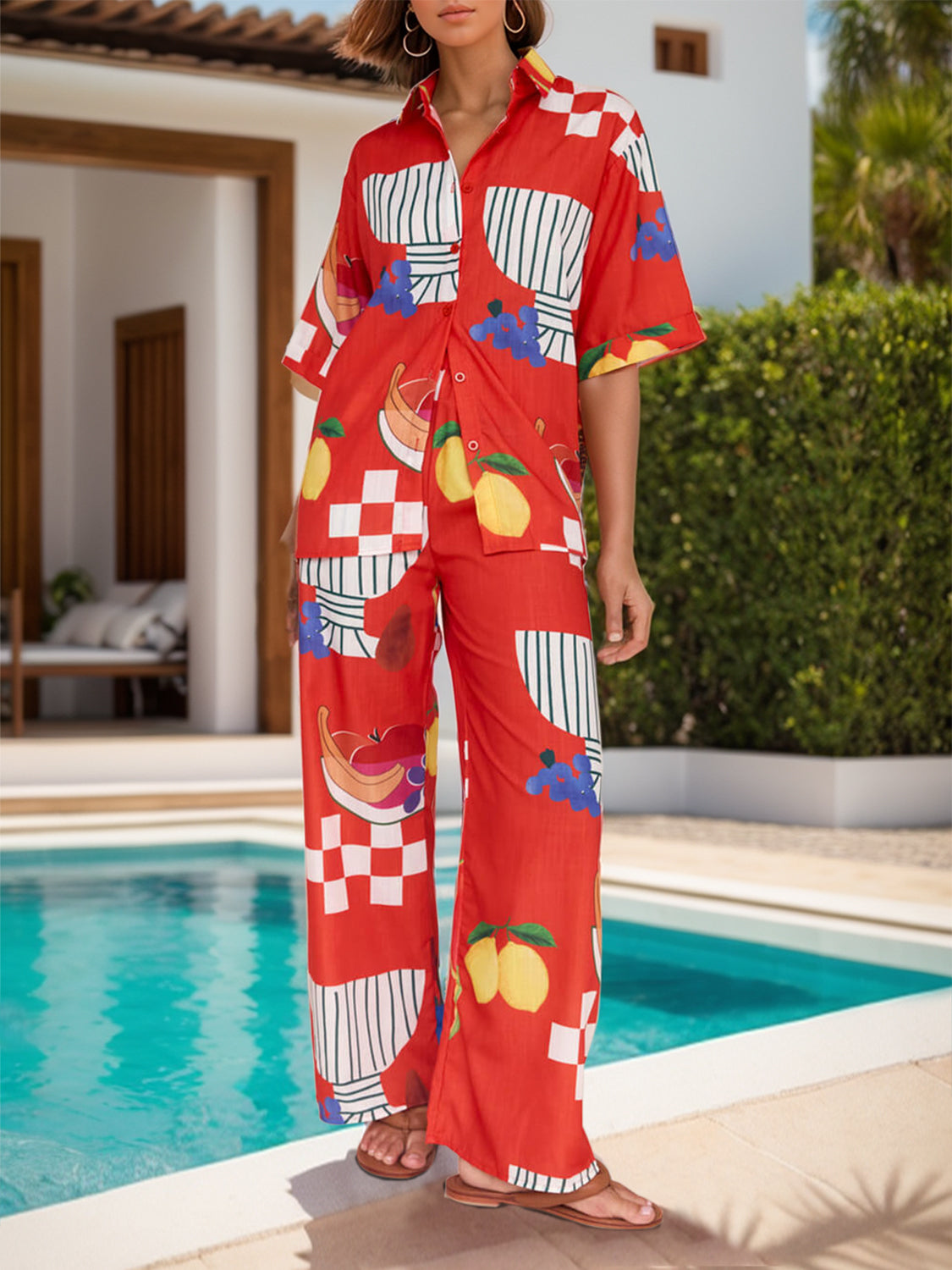 Ensemble haut à épaules tombantes et pantalon large imprimé