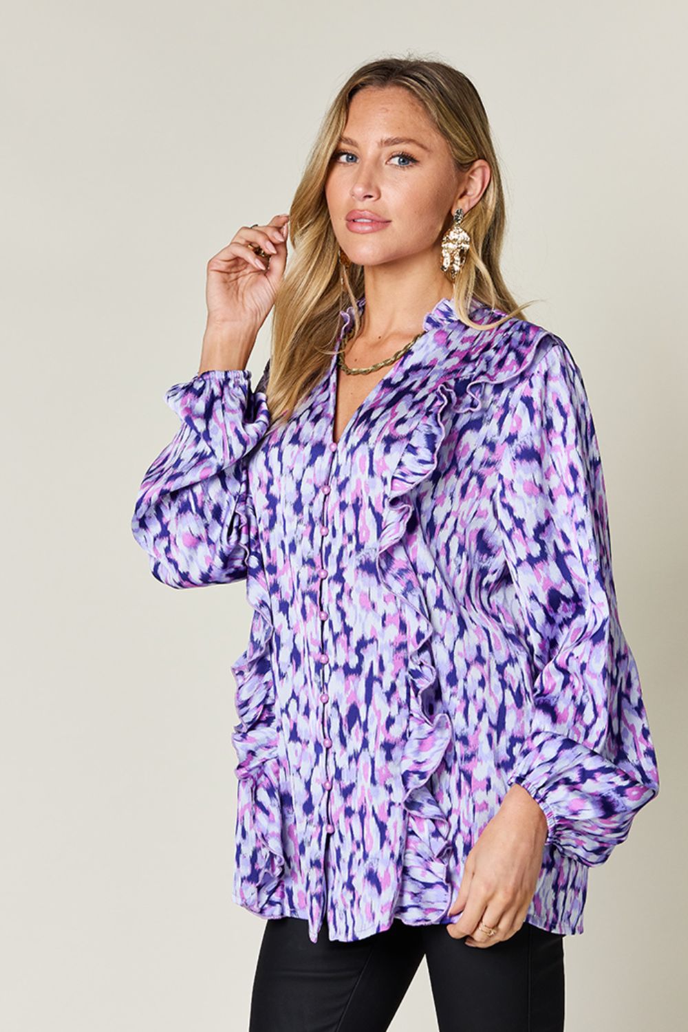 Chemise à manches ballon à volants et imprimé Double Take, taille standard