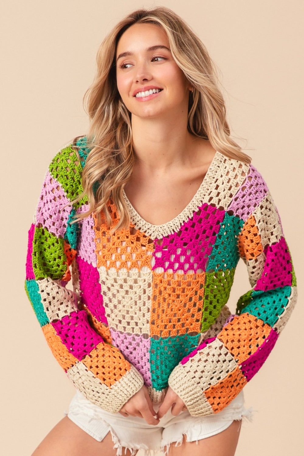 Haut en tricot à carreaux multicolores à manches longues BiBi