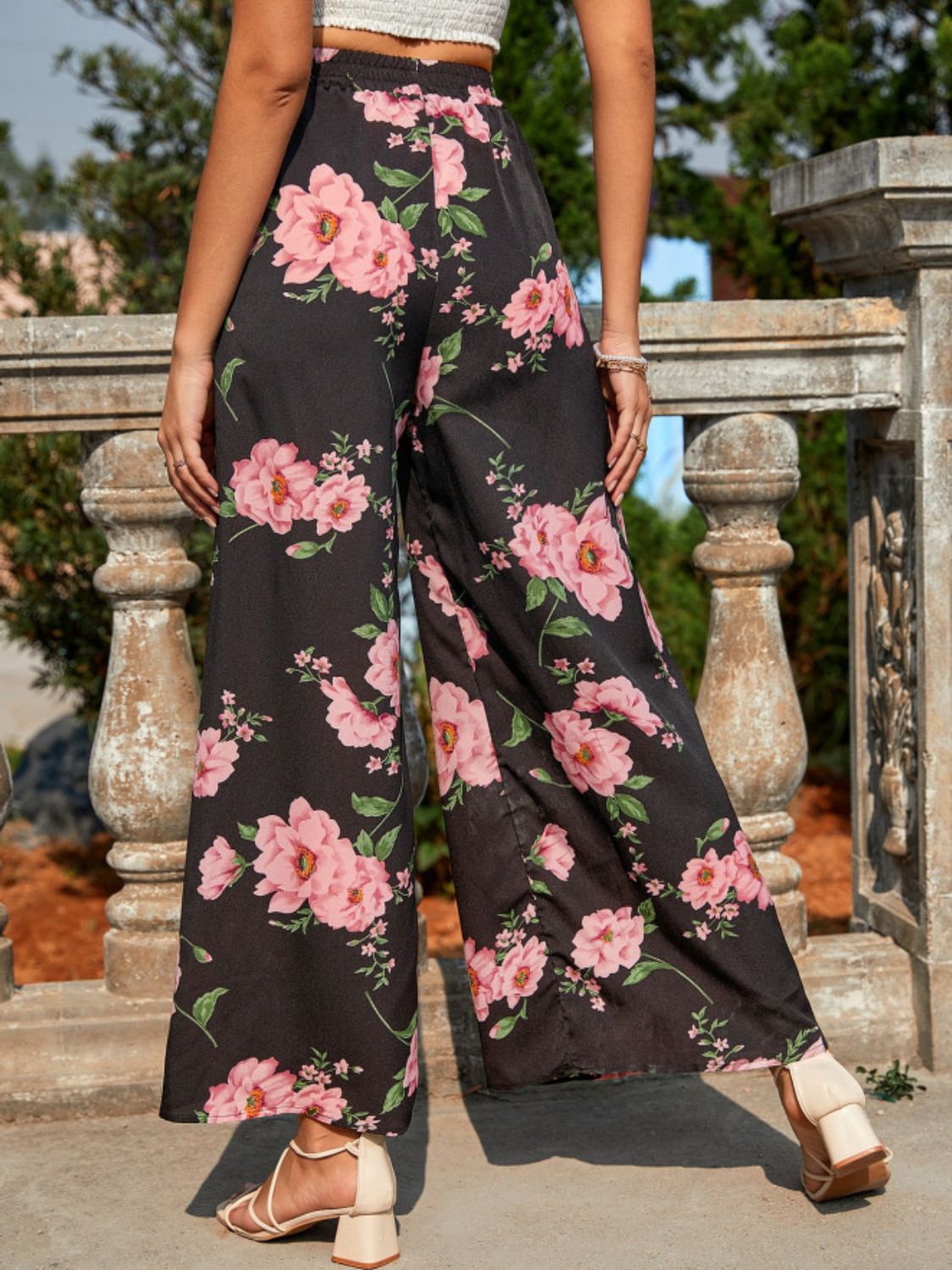 Pantalon large imprimé à taille élastique