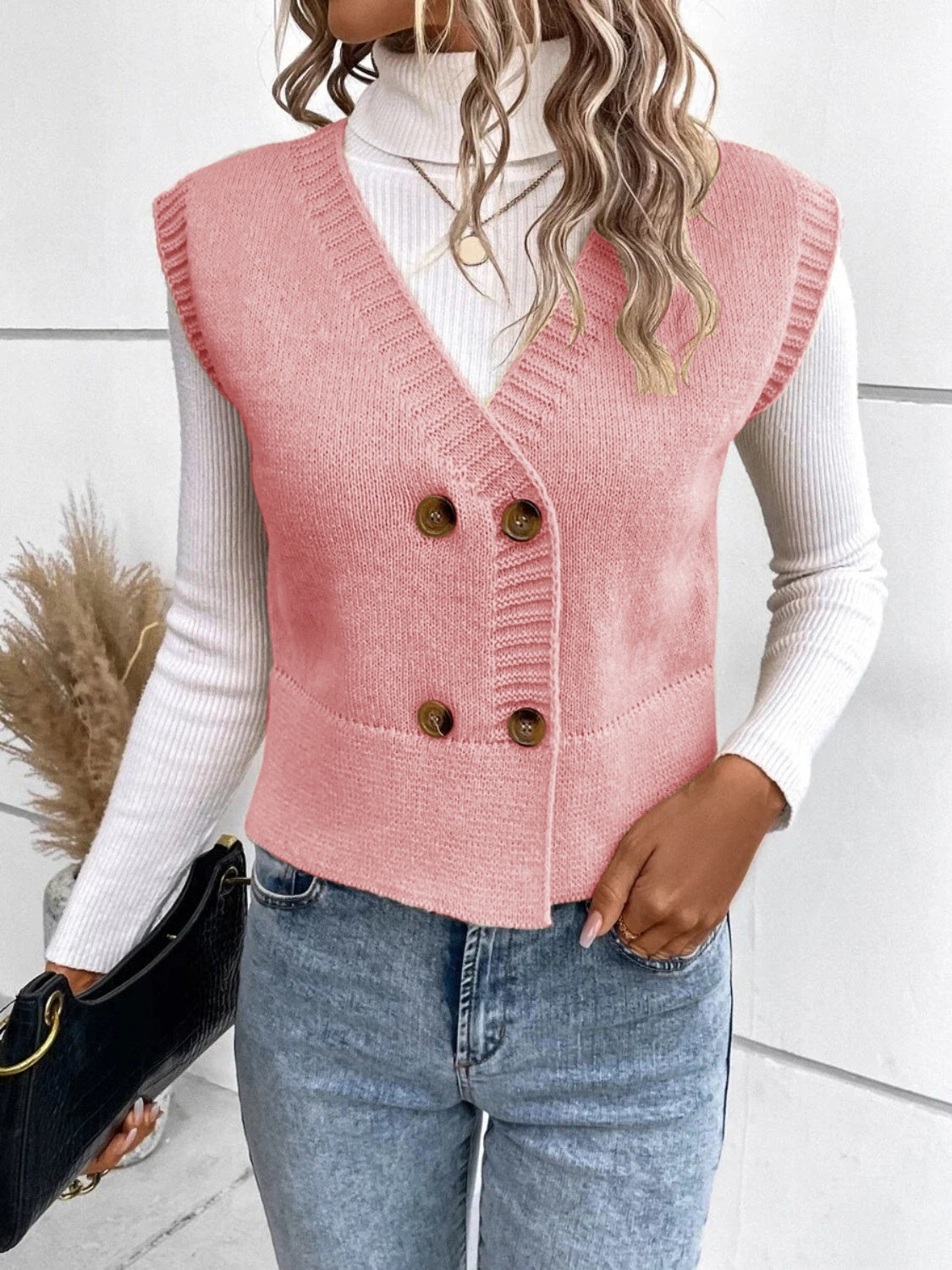 Gilet pull boutonné à col en V pleine grandeur