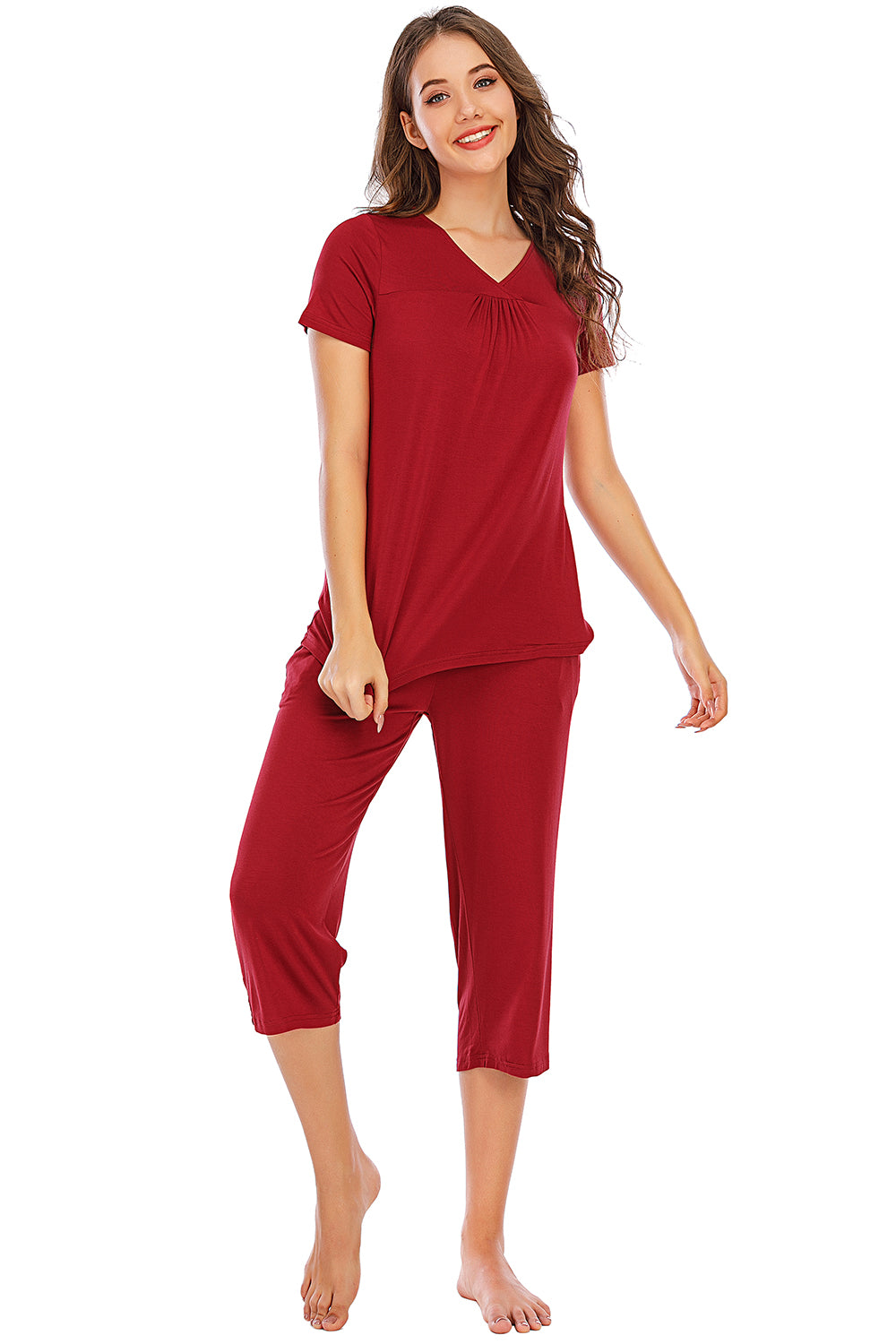 Ensemble de détente haut à manches courtes et pantalon à col en V